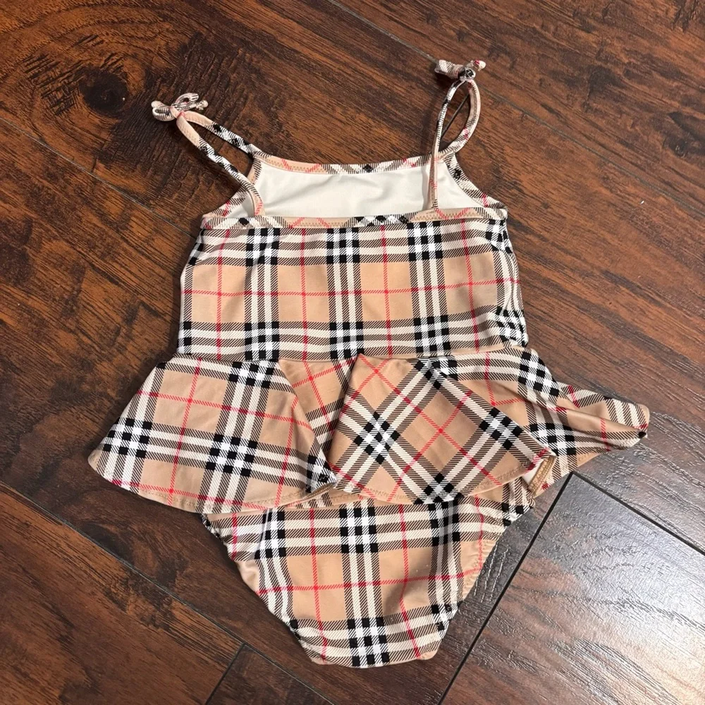 Burberry Beige Plaid Tie-Shoulder One-Piece